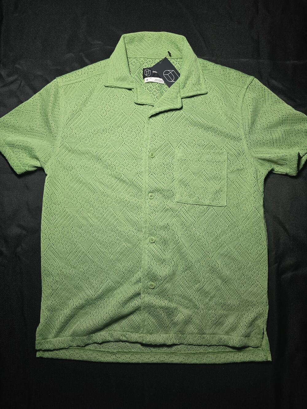Original Use Men's Green Open Knit Button Up Camp Shirt